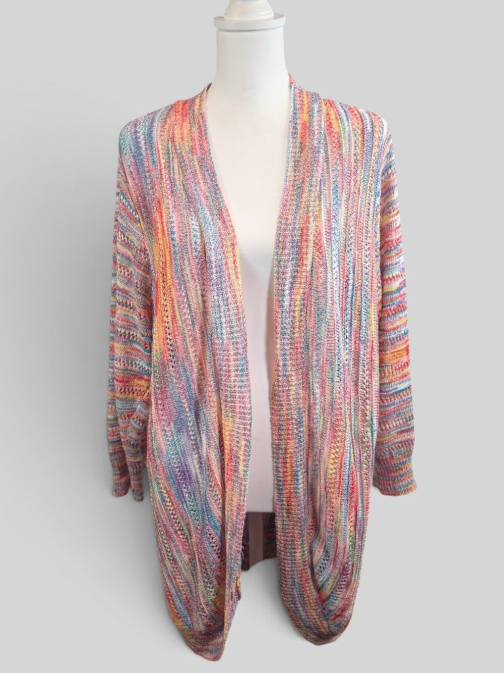 CJ Banks Multi Color Open Front Cardigan Sz 2X Long Knit Sweater